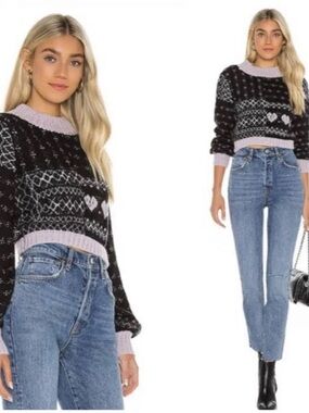 Free People Black Sweater with Light Pink Heart Motif